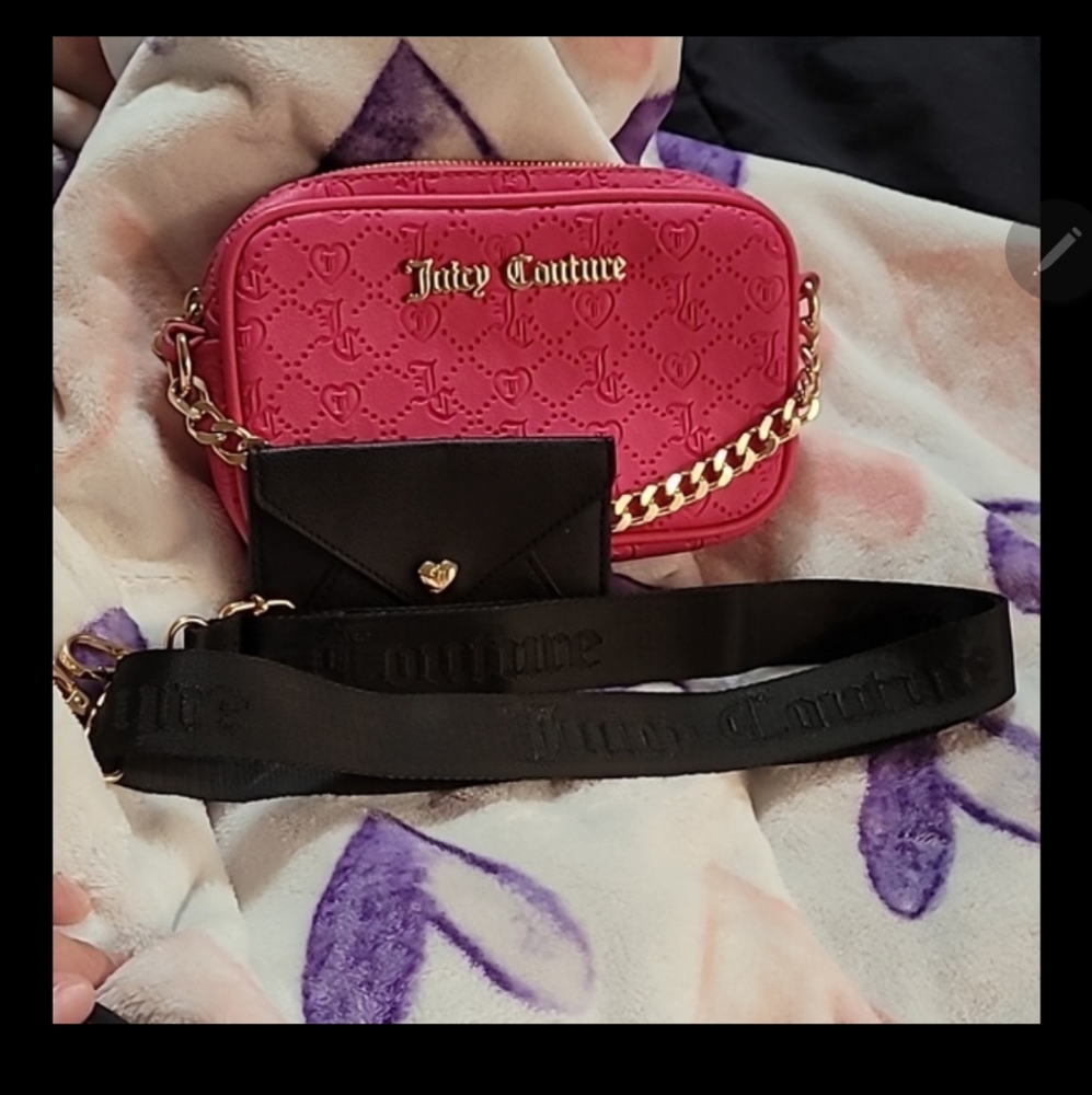 NWT Juicy Couture Juicy Pink Emboss  Crossbody Bag,Black Guitar Strap Coin Pouch